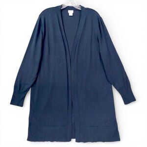 Chico’s Open Front Long Cardigan Women Sz L Navy Blue Lightweight Duster Sweater